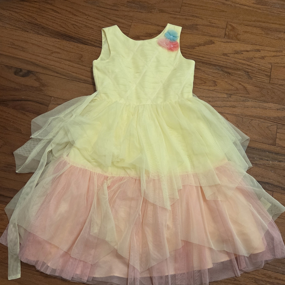 JONA MICHELLE Girls Yellow Pink Ruffle Dress With Bow Size 12